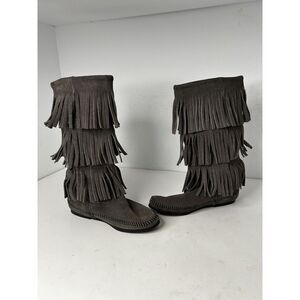 Minnetonka‎ Moccasins 1631T Sz 5 Womens 3 Layer Fringe Calf High Boot Grey Suede